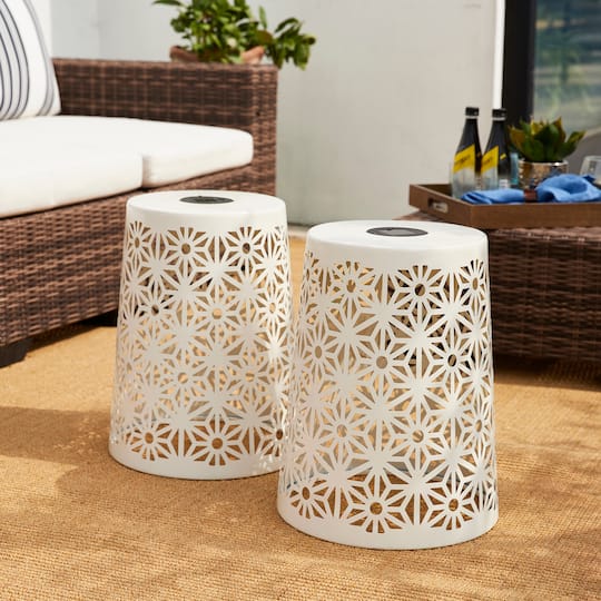 Glitzhome® 17.5" Iron Geometric Pattern Solar Garden Stool Set
